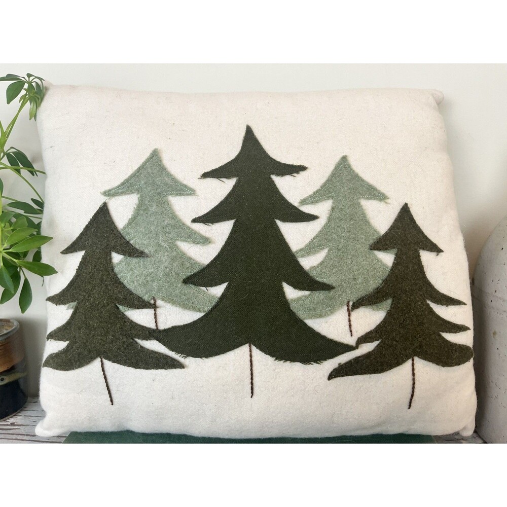 Vintage 1990’s Farmhouse Hand Sewn Wool Christmas Pillow Forest Trees 16” - Picture 2 of 8